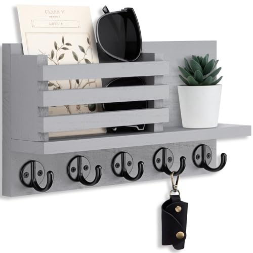 Lwenki Key Holder for Wall – Decorative Wooden Mail Holder and Key Shelf with Mounting Hardware, Installation Guide – Paulownia Wood with Metal Key Hooks (Gray, Large - 11.8inch) - color: Gray, size: Large - 11.8inch