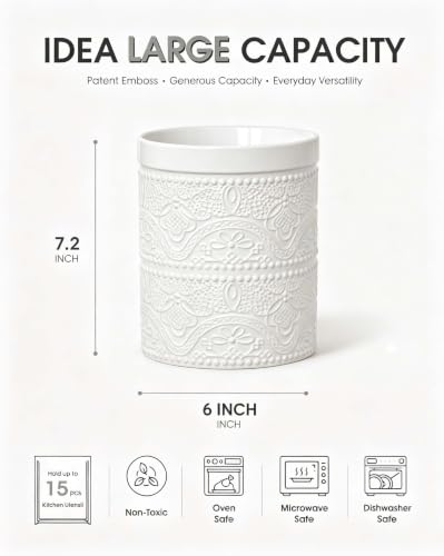 Kitchen Utensil Holder, 7.2" Super Large Utensil Crock Heavy and Stable Lace Emboss Ceramic Utensil Holder for Kitchen Counter (Bright White) - color: Bright White
