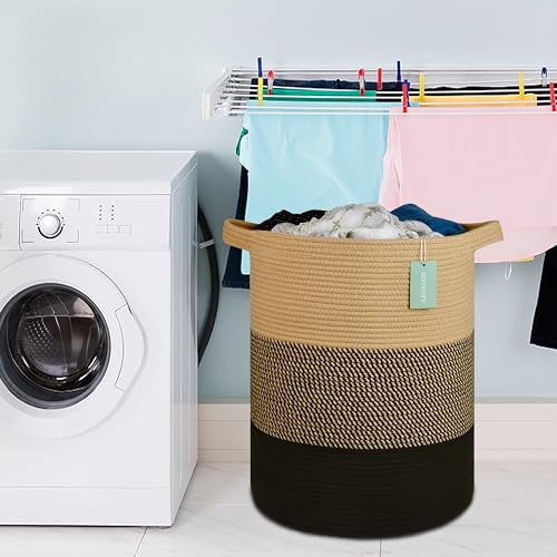 Cotton Rope Blanket Basket, 72L Tall Laundry Hamper, Brown & Black | 16"x 22", Large Collapsible Woven Nursery Hamper with Sturdy Handles for Clothes Toys Towels, Bedroom Living Room Bathroom - color: Brown & Black, size: 72L (16"x22")