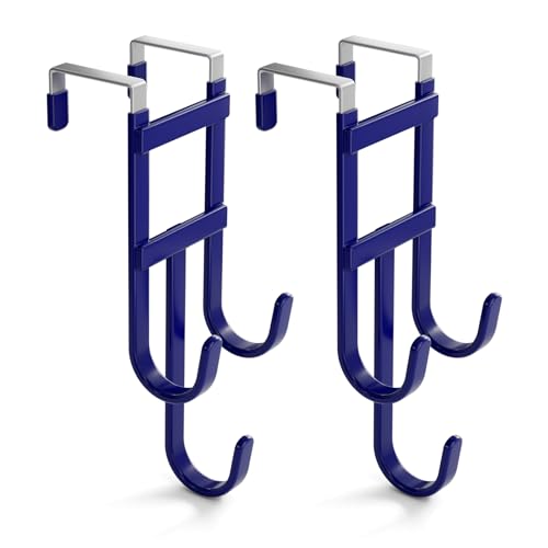 Over The Door Hooks, 2 Pack Heavy Duty Triple-Hook Door Hanger Organizer with Non-Slip Rubber, Waterproof Door Towel Rack for Coats, Bags, Robes, Space Saving for Bathroom, Bedroom -Thickened Version - color: Blue, 2 Pack