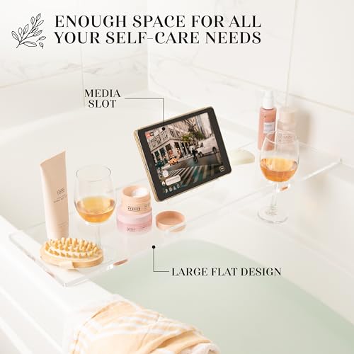 36" Supreme Plus- Luxury Bathtub Tray Caddy- 3/8" Thick, Clear Bath Tub Tray Table for 1 or 2 Bathers, Acrylic Bathtub Caddy, iPad and 2 Wine Glass Holders (Supreme Plus, 36") - size: 36" x 9" x 1.5"