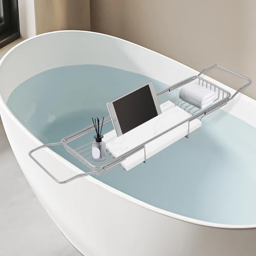 Expandable Bathtub Tray, Stainless Steel Bath Caddy with Marble Board, Adjustable 26.8-35.4 Inch Bathtub Shelf for Bathroom Spa