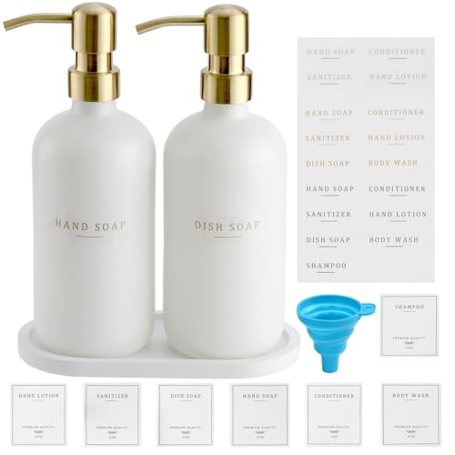 Soap Dispenser Bathroom - Dish and Hand Soap Dispenser Set, Glass Soap Lotion Dispenser with Pump for Kitchen with Tray, Waterproof Labels, 2 Lotion White Bottle/Gold Pump N - color: White Bottle/Gold Pump N+ Tray + Funnel
