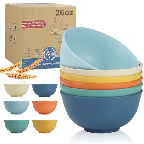 26 oz Wheat Straw Bowls,Unbreakable Cereal Bowls Set of 6,Microwave & Dishwasher Safe Salad Bowls for kitchen, Kitchen Bowl Sets for Soup,Salad,Fruit,Snack and Oatmeal-Multi Color - color: Yellow,Orange,Blue,Green,Beige,Navy Blue, size: 26 oz