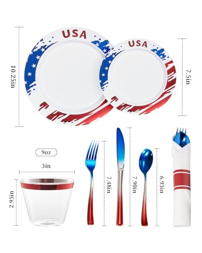 350 Piece 4th of July Red Blue Plastic Dinnerware Set | Disposable Dinnerware Includes: 100 Plates, 50 Pre Rolled Napkins with Silverware, 50 Cups - color: Blue, style: 350 Piece (50 guests)