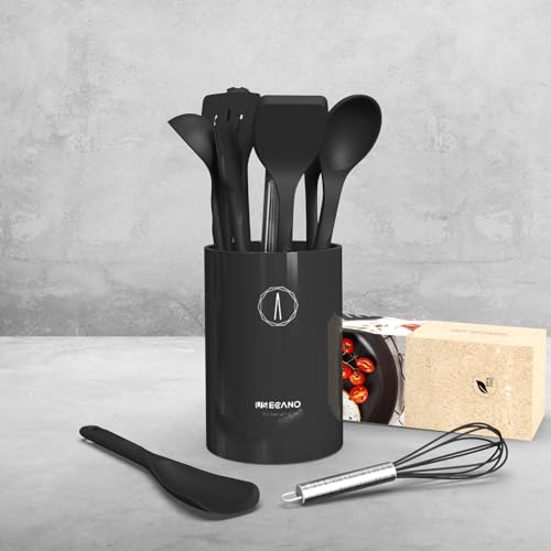 Silicone Cooking Utensils Set - 600°F Heat Resistant, Nonstick Kitchen Utensil Set with Spatulas, Spoons, Whisk, Tongs, BPA Free, Dishwasher Safe, Black - color: Black