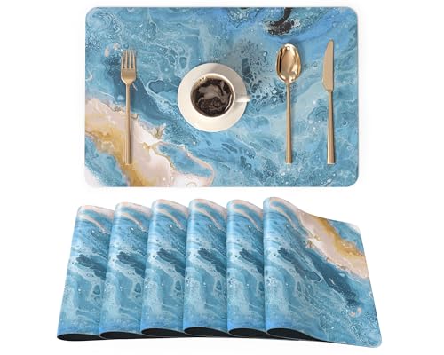 QIYI PU Leather Placemats Set of 6, 12"x18" Waterproof Table Mats, Seafoam | Faux Leather, Heat Resistant, Anti Slip, Wipeable Place Mats for Kitchen Dinning, Party Table Décor, Blue Fluid Marble - color: Blue Fluid Marble, size: Set of 6