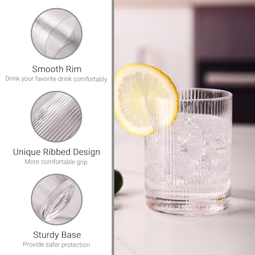JOVGANK Drinking Glasses Set of 8 – Lead-Free Crystal Glassware, 4 Tall 15oz & 4 Short 10oz Vintage Ribbed Tumbler Glasses, Dishwasher Safe, for Juice Beer Cocktails, Great Housewarming Gift, Set A - style: H