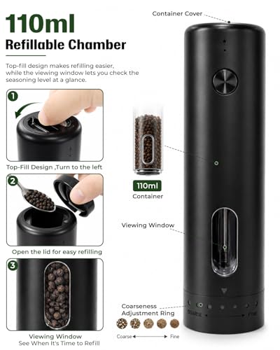 COOLMI Electric Salt and Pepper Grinder Set with Charging Base, 110ml | Rechargeable 2-Pack With 6 Grind Settings, LED Light, Ceramic Grinding Cores, 110ml Top-Fill Chambers, And One-Hand Operation