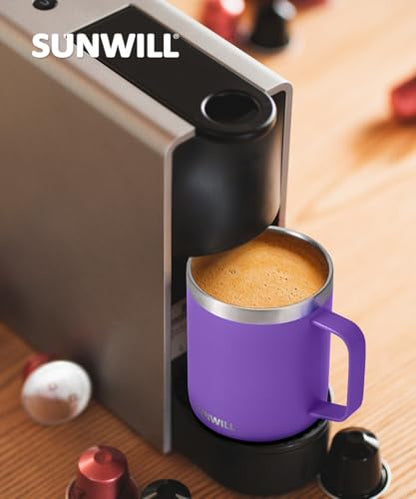 SUNWILL Insulated Coffee Mug with Lid, Travel Tumbler with Handle, 14 oz Stainless Steel Cup for Camping, Office, Home, Powder Coated Purple - color: Powder Coated Purple