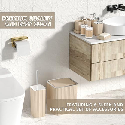 XLHOMO Bathroom Accessories Set - Gorgeous Beige Bathroom Set, 10PC Bathroom Accessory Set, Toilet Brush, Trash Can & Soap Dispenser - size: Bath Set, style: Beige&Silver