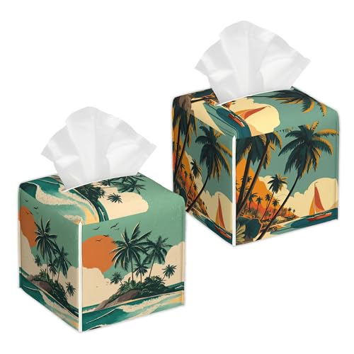 Boho Mountains and Trees 2 Pcs Tissue Box Cover Square Leather Tissue Case Holder Facial Paper Organizer Decorative for Bathroom Kitchen Car Office Home Decor - color: Boho Mountains and Trees
