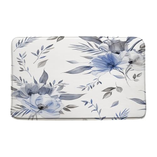 Sunhe Blue Floral Bath Mat Rustic Farmhouse Boho Flower Watercolor Ink Painting Blossom Chic Elegant Memory Foam Home Office Door Bathroom Decor Mat,17.8"x29.5" - color: Blue, size: 1'6" x 2'6" (Rectangular)