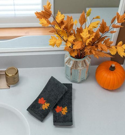 Harvest Fall Fingertip Towels for Bathroom: Autumn Plush Dark Grey Gray Autumn Leaf Design, 100% Cotton Towels, Set of 2, 12" x 18" - color: Autumn Leaf Grey