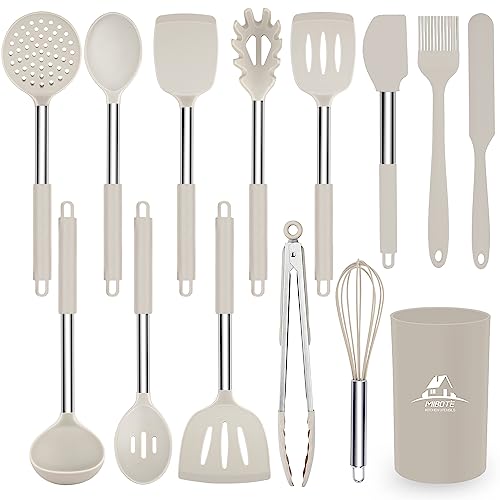 MIBOTE Silicone Kitchen Cooking Utensils Set, Steel Handle, Khaki | Heat Resistant, BPA-Free Silicone Kitchen Tools Set with Stainless Steel Handle – Durable, Non-Toxic Cooking Utensils Set - color: 3-Khaki