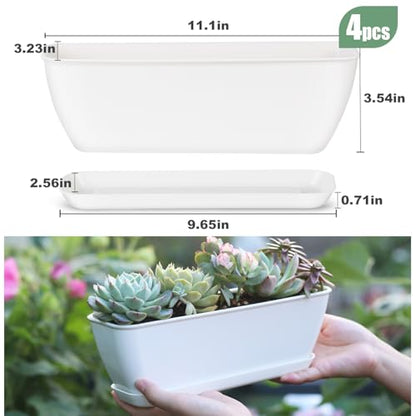 8-Piece White Rectangular Window Sill Planters with Drainage Holes and Trays (11 Inches) for Basil, Orchids, and Succulents Modern Herb Garden Planters Suitable for Indoor/Outdoor Plants - size: 11.1 x 3.23 x 3.54-inch