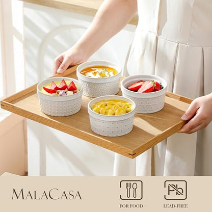 MALACASA 8 oz Ceramic Ramekins Set of 4, Creme Brulee Souffle Oven Safe | Ceramic Ramekins for Creme Brulee, Souffle, Pudding, Custard, Arctic White - size: 8 oz