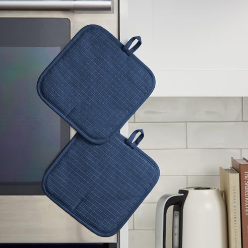 KITCHENAID Gourmet Series Gridlines Pot Holders 2-Pack Set, Heat Resistant up to 600°F, Soft Silicone Grip, Magnetic Cuff, Ink Blue, 8"x8" - color: Ink Blue