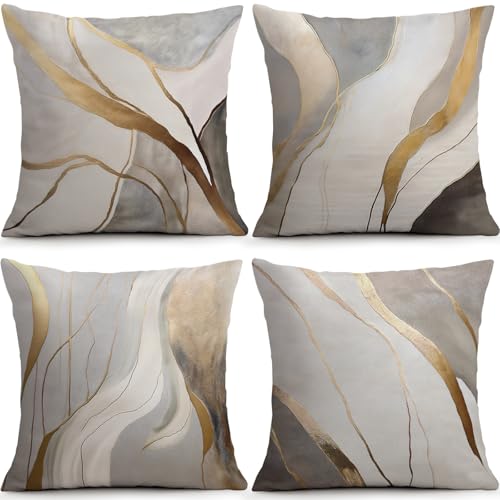 Luxury Beige Gold Marble Pillow Covers Set of 4, 18x18 Minimalist Decor | Soft Plush Beige Gold Marble Pillow Covers Create Minimalist Modern Style for Sofa Bedroom Porch Living Room - color: Marble Beige Gold, size: 18" x 18" (Pack of 4)