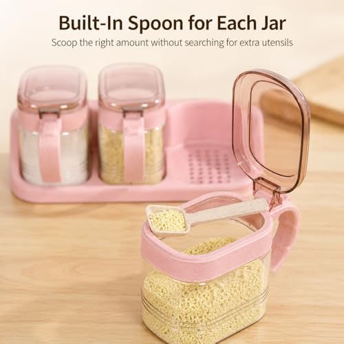 3 Pcs Glass Coffee Station Organizer Set, Pink Sugar Container Jars with Tray, Scoops and Label Stickers for Beans, Candy, Oats, Nuts, Spices