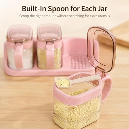 3 Pcs Glass Coffee Station Organizer Set, Pink Sugar Container Jars with Tray, Scoops and Label Stickers for Beans, Candy, Oats, Nuts, Spices