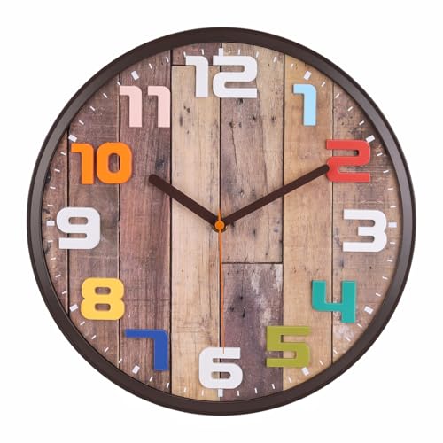 Topkey 12 inch Vintage Silent Wall Clock with Large Colorful 3D Numerals, Non-Ticking Decorative Round Clock for School, Office, Living Room, Bedroom,Kitchen, Brown Wood Grain Battery Operated - color: 3d Color Brown