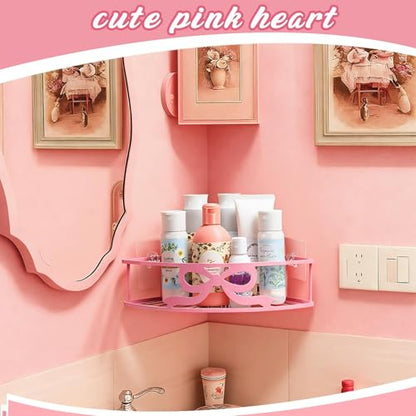 2 Pcs Pink Corner Shower Caddy Pink Bow Shower Shelves Organizer No Drilling Coquette Corner Caddy with 5 Adhesive Hooks Preppy Wall Mounted Decor Shelves for Bathroom Kitchen Bedroom Dorm - style: Bow