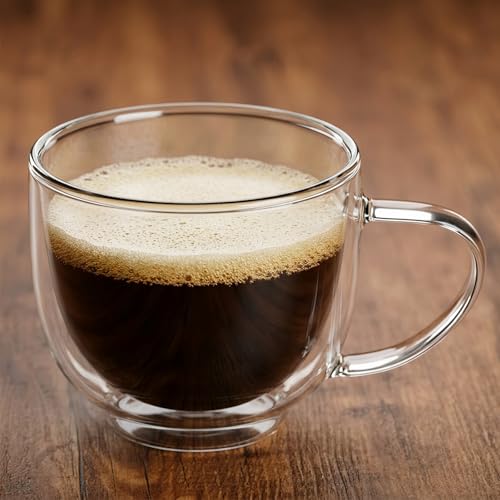 Double Wall Glass Coffee Mugs with Handle, 7.4 oz (220ml) Clear Insulated Espresso Cups for Cappuccino, Latte, Hot Tea & Cold Drinks, Microwave Safe Borosilicate Glassware, Set of 2 (6oz(2-pack))