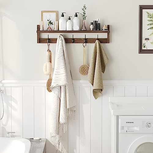 AMBIRD 28.9 Inch Length Shelf with Hooks Entryway Coat Rack Wall Mount Wood Coat Hooks with Shelf Wall-Mounted Coat Hook Rack with 5 Dual Hooks for Bathroom, Living Room, Bedroom (Brown) - size: 28.9inch, style: Retro Brown