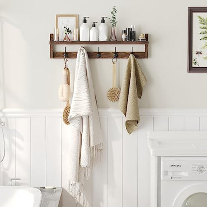 AMBIRD 28.9 Inch Length Shelf with Hooks Entryway Coat Rack Wall Mount Wood Coat Hooks with Shelf Wall-Mounted Coat Hook Rack with 5 Dual Hooks for Bathroom, Living Room, Bedroom (Brown) - size: 28.9inch, style: Retro Brown