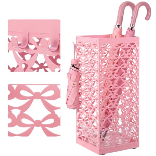 Hicarer Pink Bow Umbrella Holder for Entryway Umbrella Stand with Removable Drip Tray & 4 Hooks Cute Coquette Square Freestanding Walking Sticks Storage Bin for Home Hallway, 16 x 6.3 x 6.3 Inch