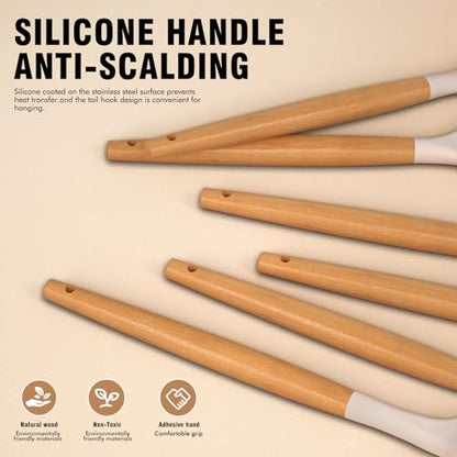 Silicone Cooking Utensils Set - AVGPD Silicone Kitchen Utensils for Cooking Wooden Handles, 446°F Heat Resistant Kitchen Utensil Spatula Sets w Holder, Gadgets for Non-Stick Cookware BPA FREE (Khaki) - color: Khaki