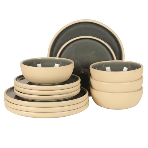 Gibson Elite - Made in Portugal - Port Gaia 12 Piece (Service for 4) Plates and Bowls Reactive Glaze Dishes Stoneware Ceramic Dinnerware Set - Blue - color: Blue (12pc Dinnerware Set)