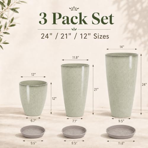 Neoaider Set of 3 Tall Planter, 24/21/12in Large Plastic Planter, DripGlaze | Ceramic-Look, Lightweight, Built-in Drain Hole, Saucers, Tall Outdoor Planter for Porch, Garden, Patio, Balcony - color: Drip Glaze