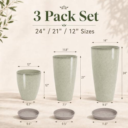Neoaider Set of 3 Tall Planter, 24/21/12in Large Plastic Planter, DripGlaze | Ceramic-Look, Lightweight, Built-in Drain Hole, Saucers, Tall Outdoor Planter for Porch, Garden, Patio, Balcony - color: Drip Glaze