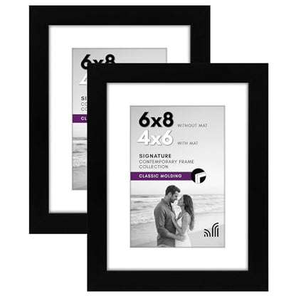 Americanflat 6x8 Picture Frame with Shatter-Resistant Glass - Set of 2 - Use as 4x6 Frame with Mat or Display 6x8 Photo Without Mat - Signature Collection - Picture Frames for Tabletop or Wall - Black | Engineered Wood construction, Shatter-resistant glas