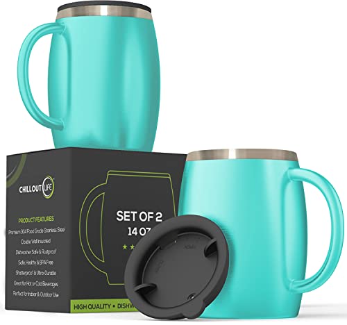 Stainless Steel Insulated Coffee Mugs Set of 2 (14oz) Double Wall Coffee Cups With Spill Resistant Lid & Handle – Shatterproof Cups for Cold & Hot Drinks for Indoor & Outdoor Use (Aqua Blue) - color: Aqua Blue