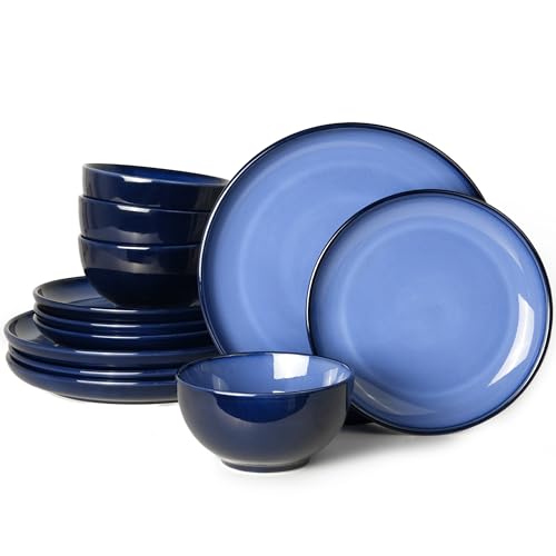 Blue Stoneware Dinnerware Set, 12 pcs Reactive Glaze Plates and Bowls Sets, Handmade Round Dishes Set for 4, Highly Chip and Crack Resistant Modern Plate Set - color: Light Blue, size: 12pcs (for 4)