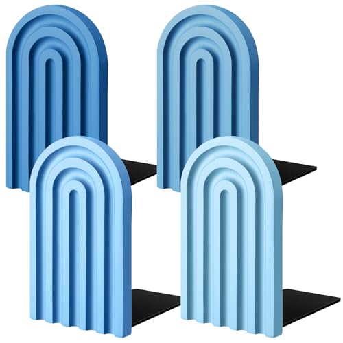 Harloon 4 Pcs Boho Arch Wooden Bookends, Decorative Rainbow Book Stoppers with Non-Slip Metal Base, 5x3x4 Inches, Cute Shelf Decor for Heavy Books, Home Office Study Desk Organizer(Denim Blue Color) - color: Denim Blue Color