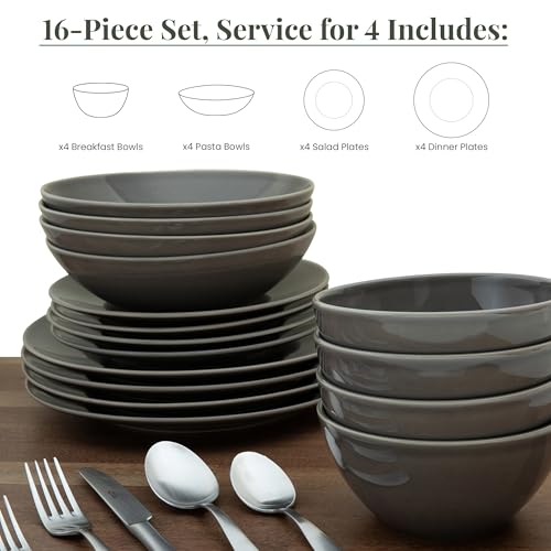 Larder & Vine Stoneware Dinnerware Set, 16 Piece, 4 Place Settings, Made in Portugal, French Gray - color: French Gray
