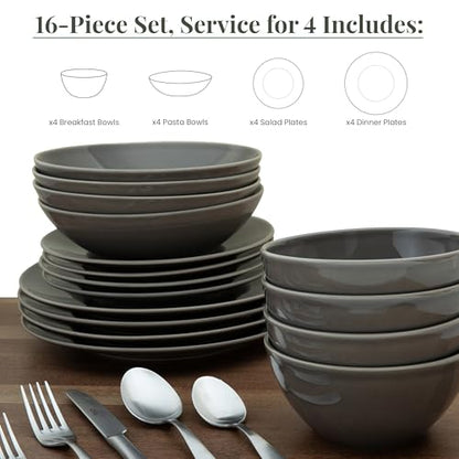 Larder & Vine Stoneware Dinnerware Set, 16 Piece, 4 Place Settings, Made in Portugal, French Gray - color: French Gray