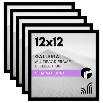 Americanflat 12x12 Picture Frame 5-Pack - Slim Molding - Black | Polished plexiglass front, sawtooth hangers included, secure turn-tab backing, fits photos, posters and art - color: Black, size: 12x12