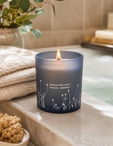 Sage & Sea Salt Wood Wick Soy Scented Aromatherapy Candle for Home, Office | Sage Candles for Cleansing House, Focus & Relaxation | Home Spa, Clean Burn, 10.6 oz, Decorative Blue Jar Candle, Women & Men