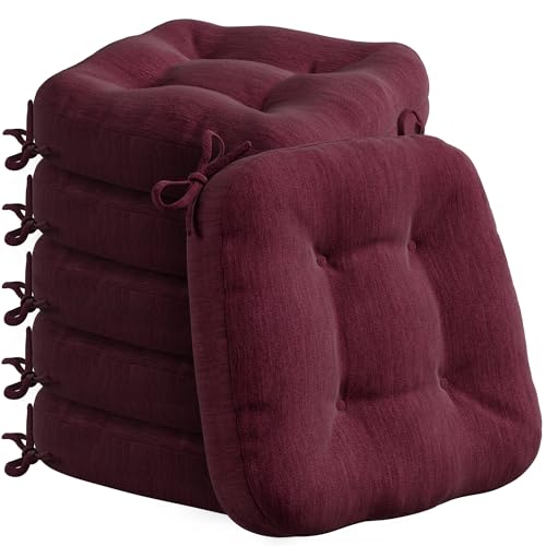 Codi Dining Chair Cushions 6 Pack, Thick Memory Foam Kitchen Seat Pads | 3.5-inch triple-layer comfort, Non-slip backing, Secure ties, Removable washable covers, 16.5"x16.5" D-shaped, Wine - color: Wine-new, size: Pack of 6