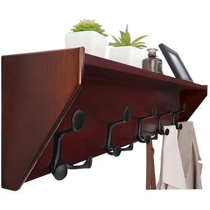 WEBI Wall Shelf with Hooks Underneath,35" Long Wall Mounted Coat Rack with Shelf,Entryway Coat Rack with 5 Triple Hooks for Hanging Coats,Jacket,Hallway,Bedroom,Mudroom,Cherry - color: Cherry, size: 35 Inch