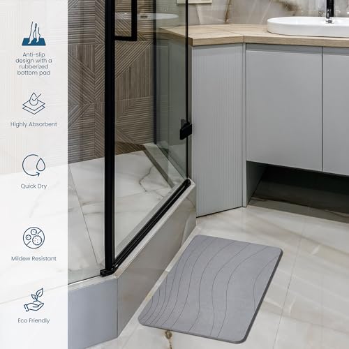 Stone Bath Mat, Premium Non-Slip Diatomaceous Earth Bathmat, Absorbent and Quick Drying to Elevate Your Bathroom, Dry Floor or Kitchen, Easy to Clean Spa Experience 15.3" x 23.6" - Grey