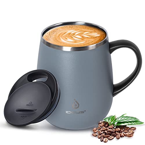 Ideus 16 oz Insulated Coffee Mug with Handle and Lid, Double Wall Stainless Steel Vacuum Thermal Coffee Mug, Travel Coffee Cup Thermal Cup for Home and Office (Ultimate Gray, FUJI DAWN) - color: Ultimate Gray