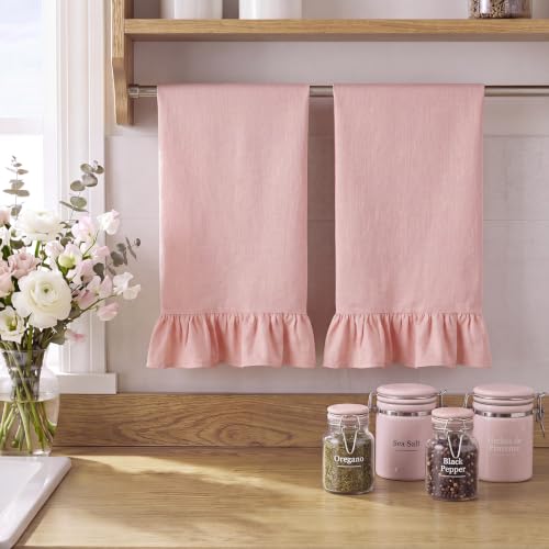 HunnmingRe Light Pink Kitchen Towels Set of 2, 100% Cotton Retro Ruffled Dish Towels 18"x28" Absorbent Tea Cloths for Farmhouse Charm, Drying Dishes, Entertaining Guests - color: Light Pink, style: Retro