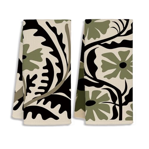 Abstract Olive Green and Black Boho Floral Kitchen Towels Set of 2，70s Retro Flower Botanical Dish Towels for Kitchen Drying, Dark Cottagecore Neutral Hand Towels for Bathroom, 16x24 Inch - color: A-olive Green(brown)