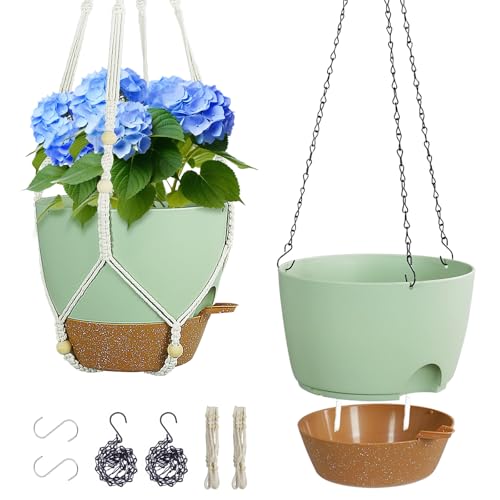 Meowell 10 inch Self Watering Hanging Planters for Indoor Plants, 2 Pack Hanging Baskets for Outdoor Plants, Hanging Flower Pots with Drainage Holes & 2 Kinds of Plant Hangers for Home Decor, Green - color: Green With Brown
